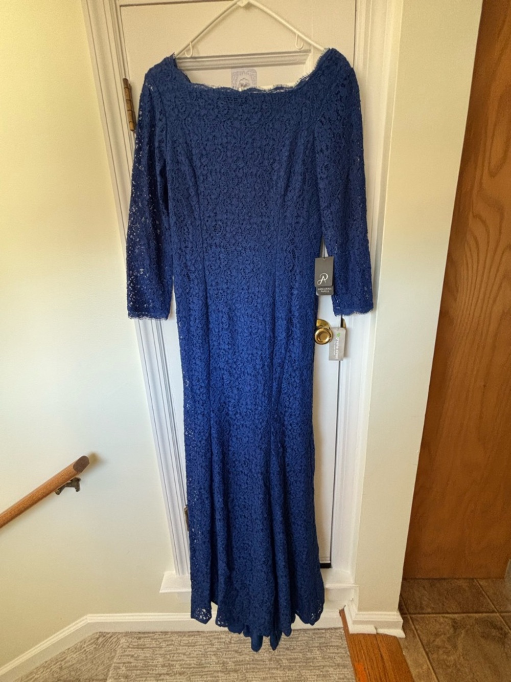 Rina diMontella Navy Blue Lace Long-Sleeve Evening Gown